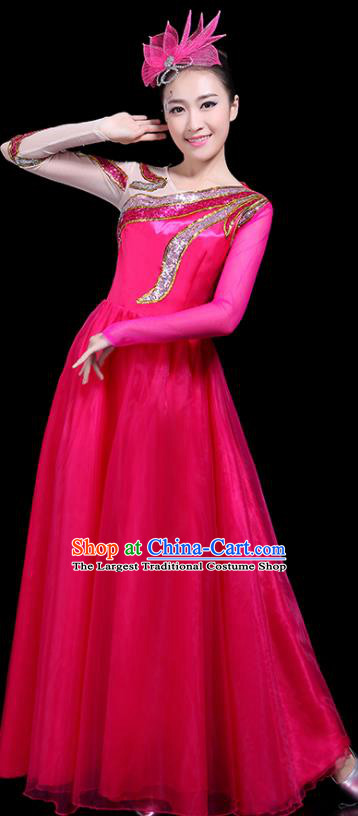 Professional Dance Modern Dance Costume Stage Performance Chorus Rosy Long Dress for Women