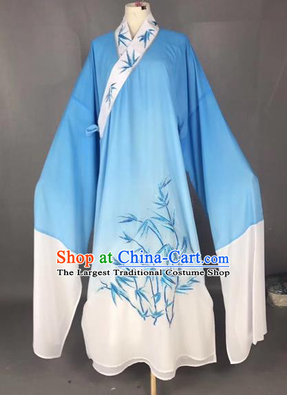Chinese Traditional Beijing Opera Scholar Costume Peking Opera Embroidered Bamboo Blue Robe for Adults