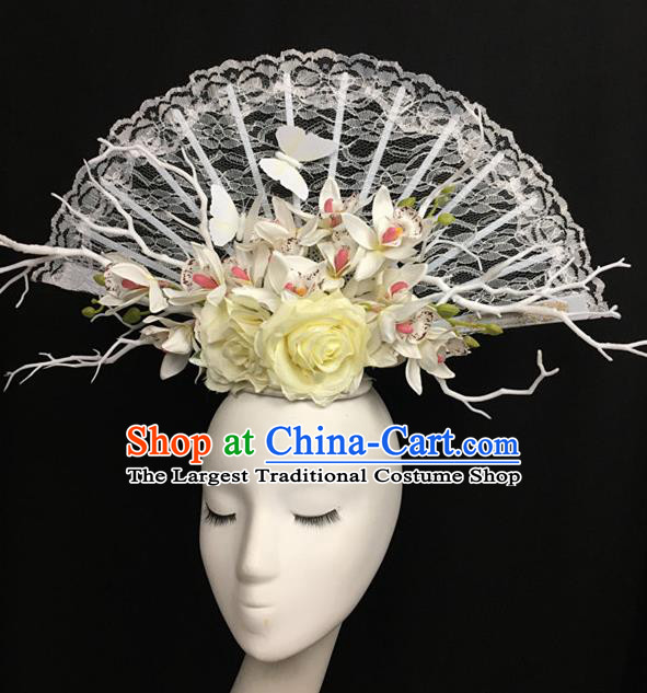 Top Halloween White Lace Hair Accessories Stage Show Chinese Traditional Catwalks Headpiece for Women