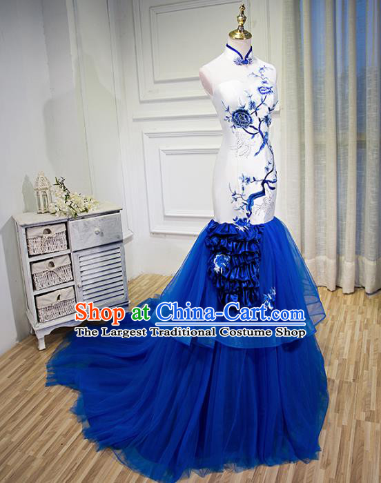 Chinese Traditional Qipao Dress Classical Costume Blue Veil Mermaid Cheongsam for Women