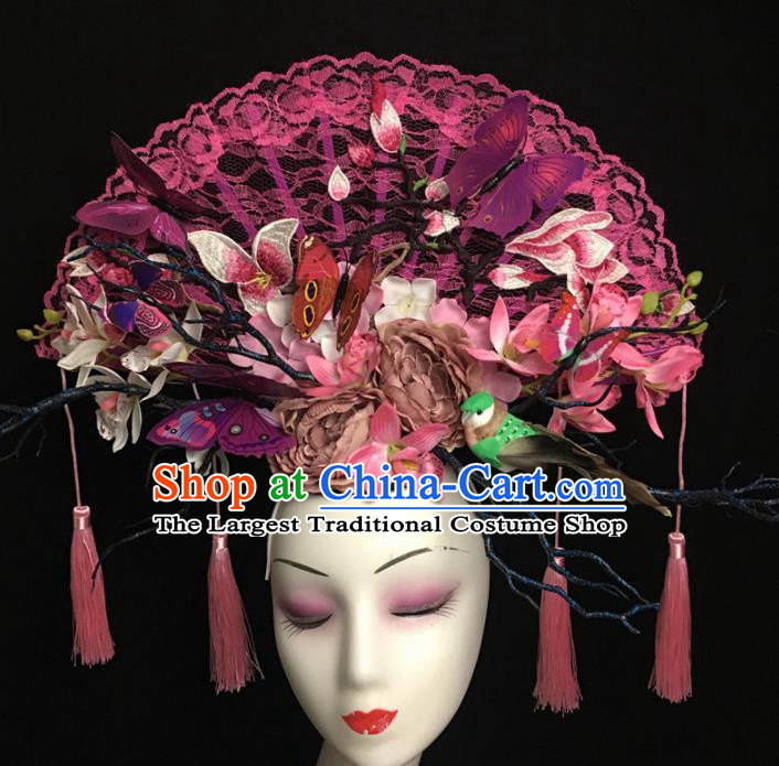 Chinese Stage Show Rosy Lace Magnolia Hair Accessories Traditional Catwalks Palace Headdress for Women