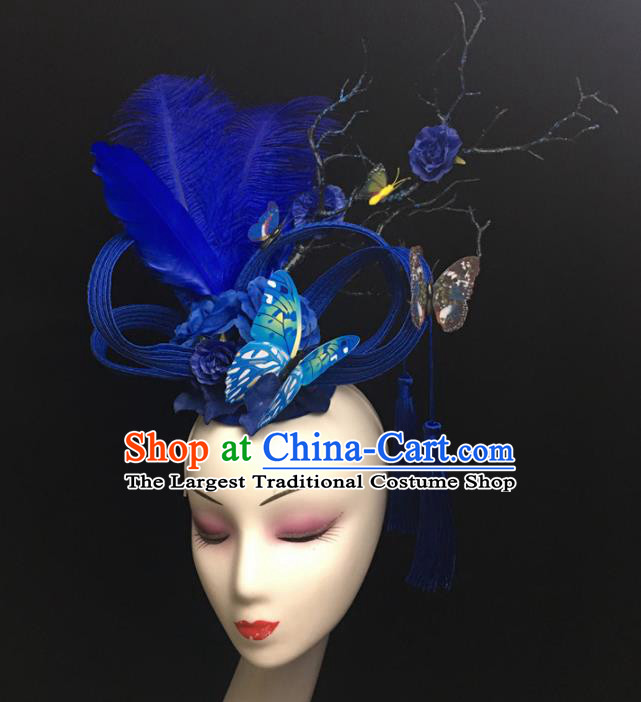 Top Brazilian Carnival Stage Show Headpiece Halloween Catwalks Blue Feather Hair Accessories for Women