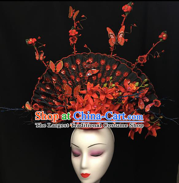 Chinese Stage Show Red Flowers Fan Hair Accessories Traditional Catwalks Palace Headdress for Women