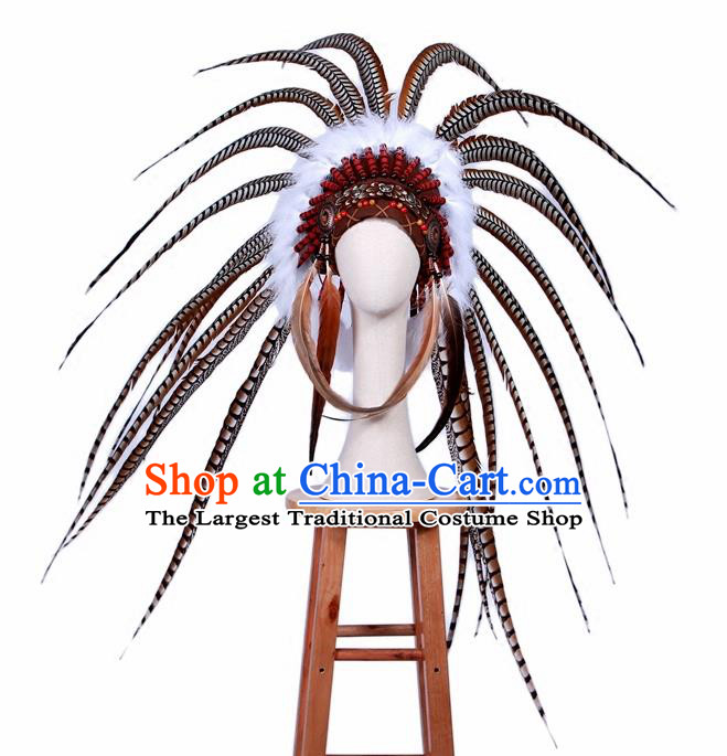 Top Halloween Apache Knight Long Feather Hat Hair Accessories Catwalks Primitive Tribe Hair Clasp for Men