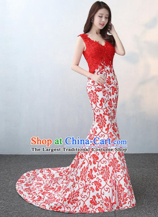 Chinese Traditional Elegant Red Lace Qipao Dress Classical Costume Mermaid Cheongsam for Women