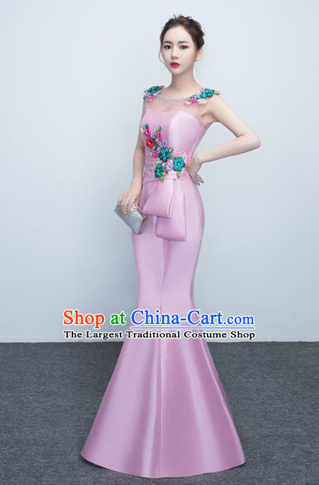 Top Stage Show Costumes Catwalks Compere Pink Satin Full Dress for Women