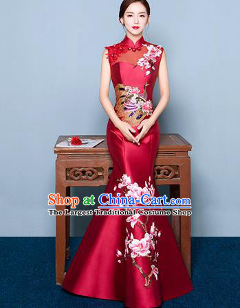 Chinese Traditional Elegant Magnolia Qipao Dress Classical Costume Wine Red Cheongsam for Women