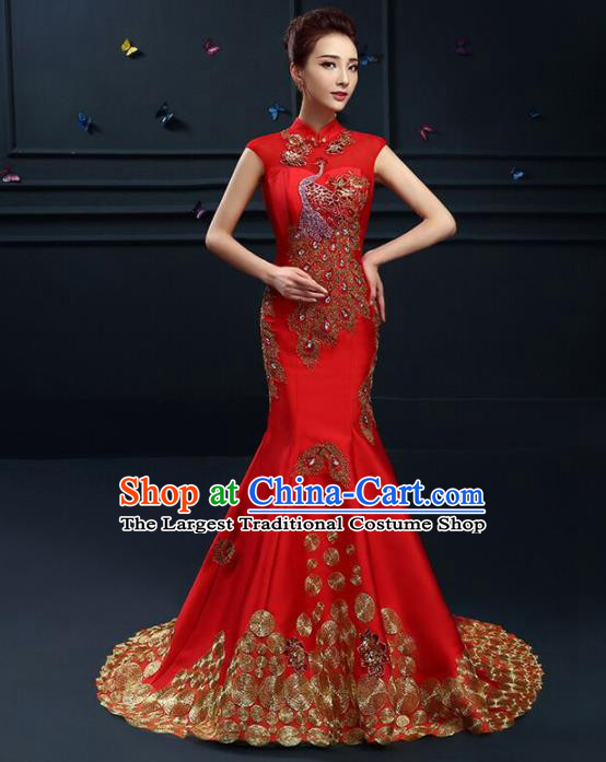 Chinese Traditional Elegant Wedding Qipao Dress Classical Costume Red Mermaid Cheongsam for Women