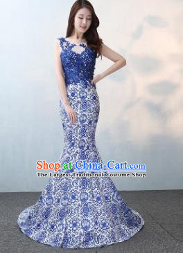 Chinese Traditional Elegant Blue Lace Qipao Dress Classical Costume Mermaid Cheongsam for Women