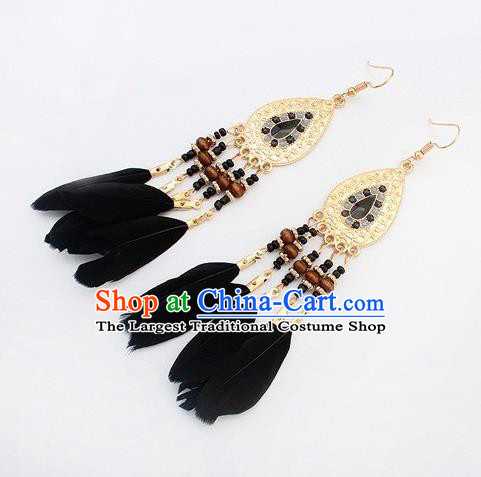 Handmade Bohemian Black Feather Earrings Stage Show Dance Ear Accessories for Women