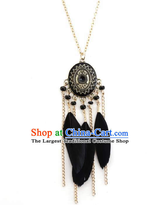 Handmade Bohemian Black Feather Necklace Stage Show Dance Necklet Accessories for Women