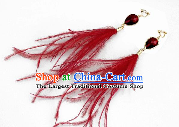 Top Halloween Red Feather Ear Accessories Carnival Catwalks Crystal Earrings for Women