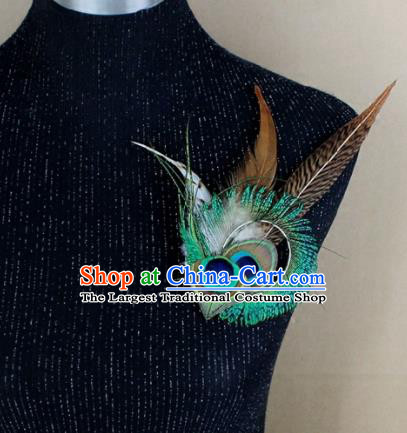 Handmade Green Feather Breastpin Accessories Stage Show Peacock Feather Brooch for Women