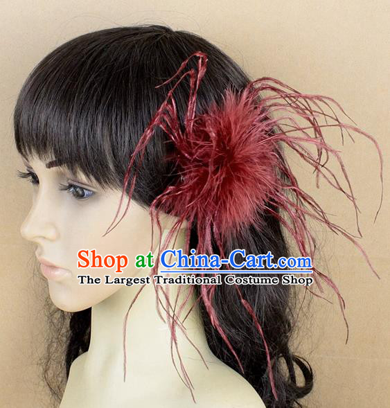 Handmade Carnival Red Ostrich Feather Hair Claw Miami Stage Show Feather Hair Accessories for Women