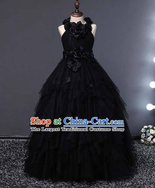 Children Modern Dance Costume Opening Dance Compere Catwalks Performance Black Full Dress for Girls Kids