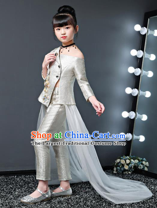 Children Modern Dance Costume Court Dance Compere Halloween Catwalks White Suits for Girls Kids