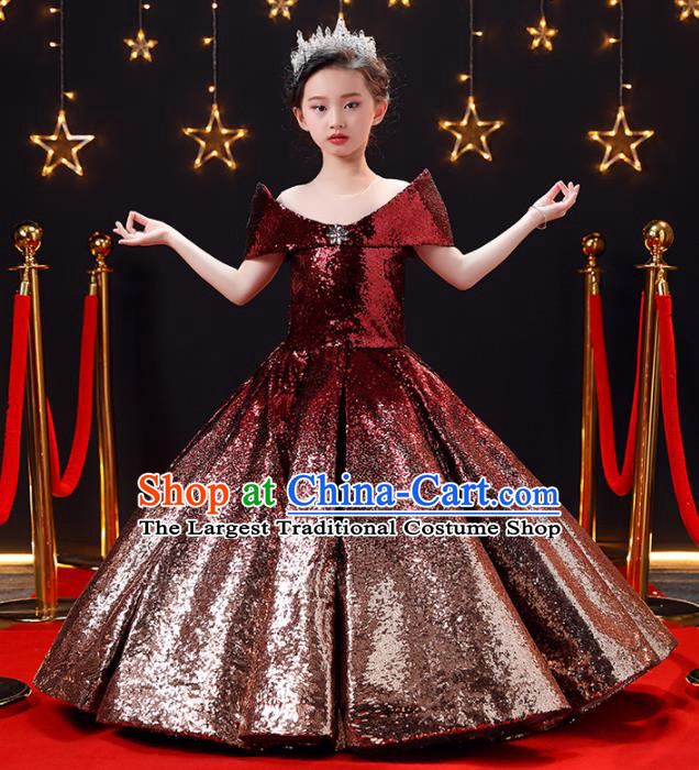 Top Modern Dance Costume Children Opening Dance Compere Performance Wine Red Full Dress for Girls Kids