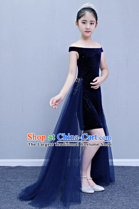 Children Modern Dance Costume Court Dance Compere Blue Full Dress for Girls Kids