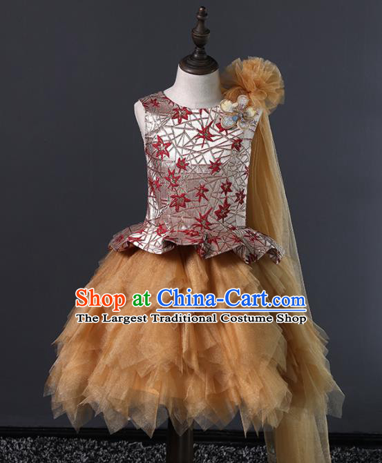 Children Modern Dance Costume Court Dance Compere Veil Bubble Full Dress for Girls Kids