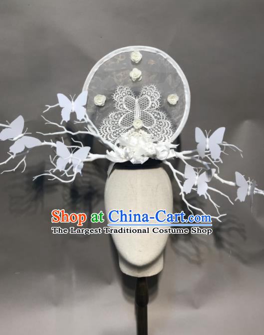 Top Chinese Stage Show White Lace Butterfly Hair Accessories Halloween Carnival Fancy Dress Ball Headdress for Women