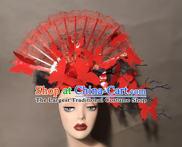 Top Chinese Stage Show Red Lace Fan Hair Accessories Halloween Fancy Dress Ball Headdress for Women