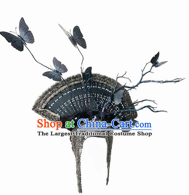 Top Chinese Stage Show Black Fan Butterfly Hair Accessories Halloween Fancy Dress Ball Headdress for Women