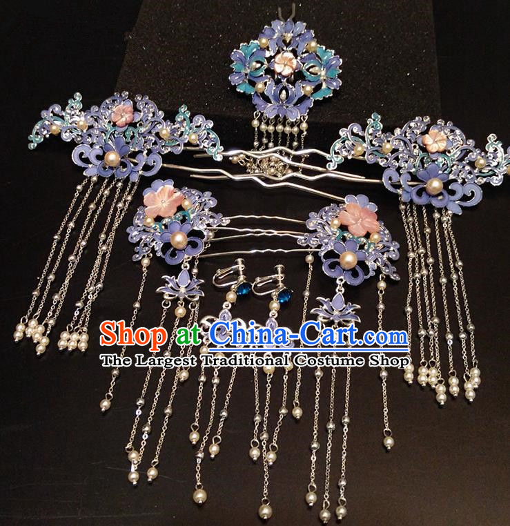 Top Chinese Traditional Hair Accessories Classical Blue Phoenix Coronet Hairpins Headdress for Women