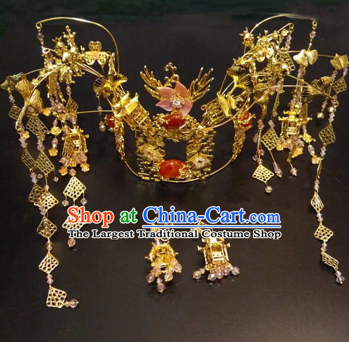 Top Chinese Traditional Agate Phoenix Coronet Wedding Hair Accessories Classical Hairpins Headdress for Women