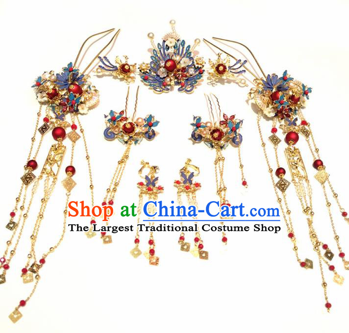 Top Chinese Traditional Wedding Blueing Phoenix Coronet Classical Hairpins Headdress for Women