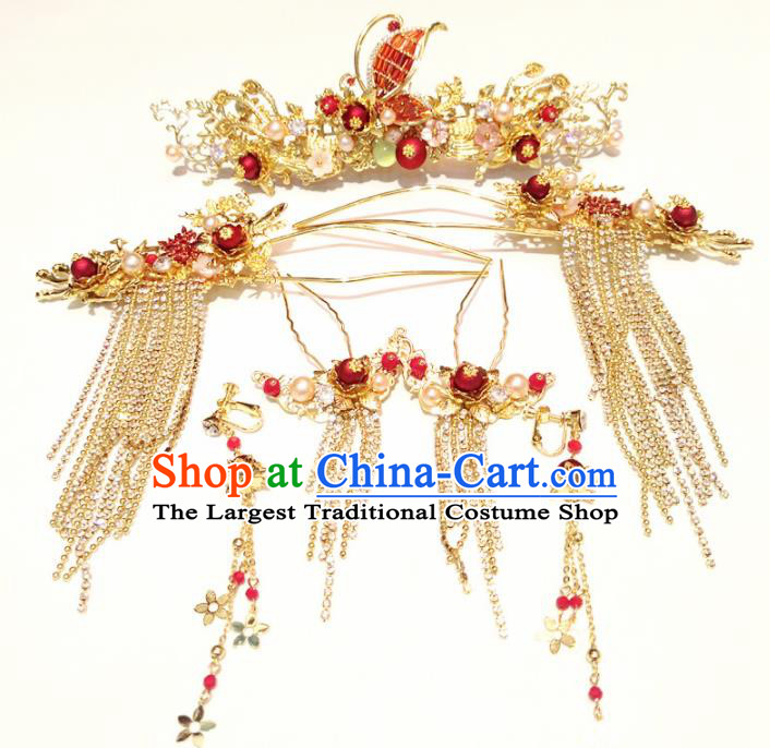 Top Chinese Traditional Wedding Red Butterfly Phoenix Coronet Classical Tassel Hairpins Headdress for Women