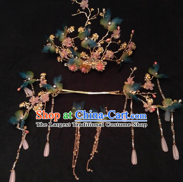 Top Chinese Traditional Wedding Blue Butterfly Phoenix Coronet Classical Hairpins Headdress for Women