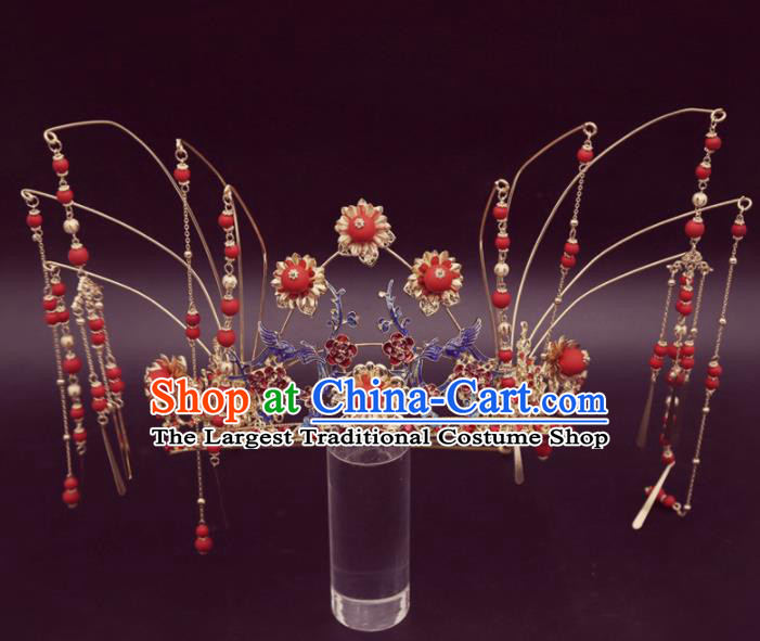 Top Chinese Traditional Hair Accessories Ancient Wedding Red Tassel Phoenix Coronet Palace Hairpins Complete Set for Women