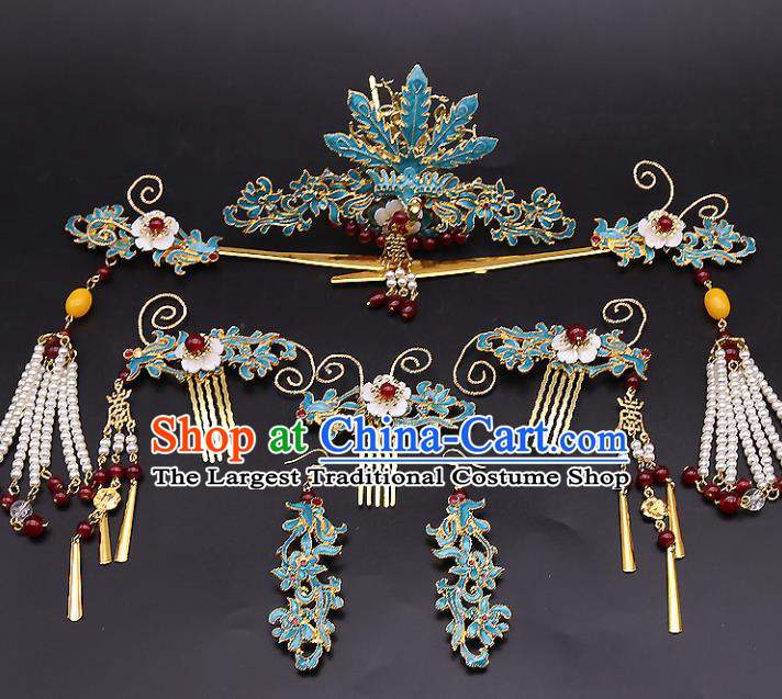 Top Chinese Ancient Traditional Cloisonne Hair Accessories Wedding Phoenix Coronet Hairpins Complete Set for Women