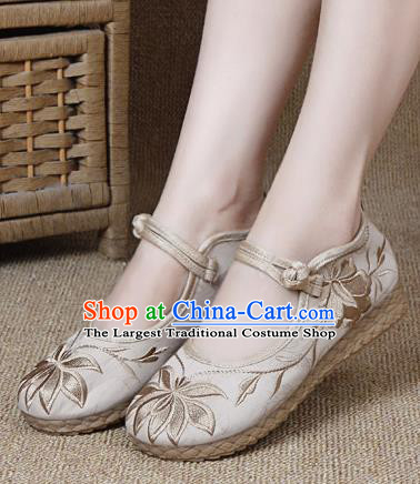 Chinese Shoes Wedding Shoes Traditional Embroidered Shoes Embroidery Lotus Beige Hanfu Shoes for Women