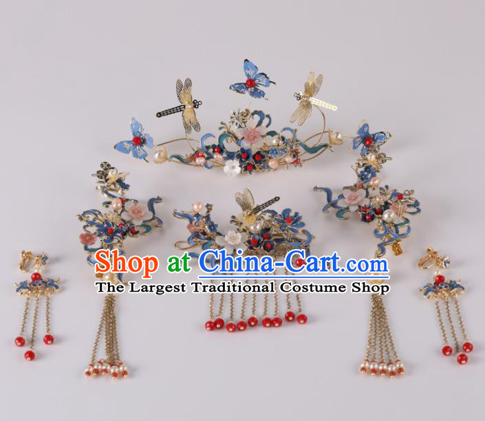 Top Chinese Traditional Wedding Hair Accessories Classical Phoenix Coronet Blue Butterfly Hairpins Headdress for Women