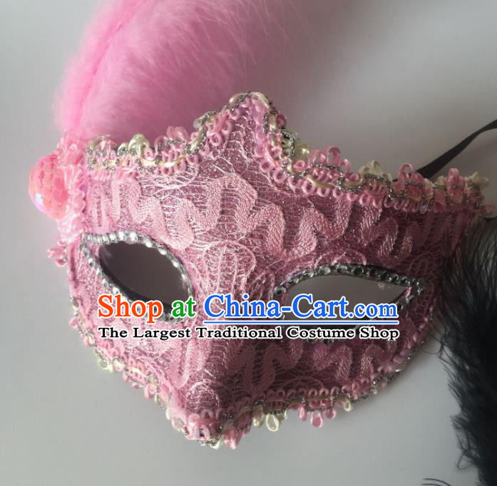 Top Grade Halloween Pink Lace Mask Fancy Ball Cosplay Feather Face Masks for Women