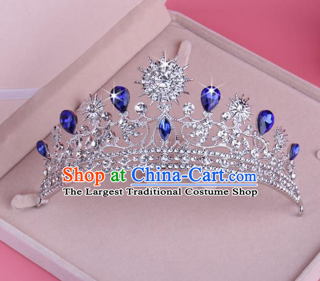 Top Grade Baroque Hair Accessories Catwalks Blue Crystal Zircon Royal Crown for Women