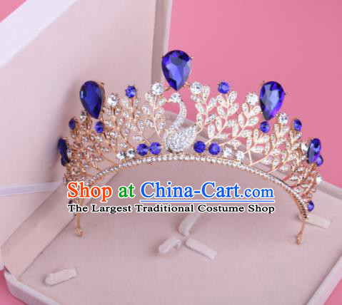 Top Grade Baroque Hair Accessories Catwalks Princess Blue Crystal Swan Royal Crown for Women