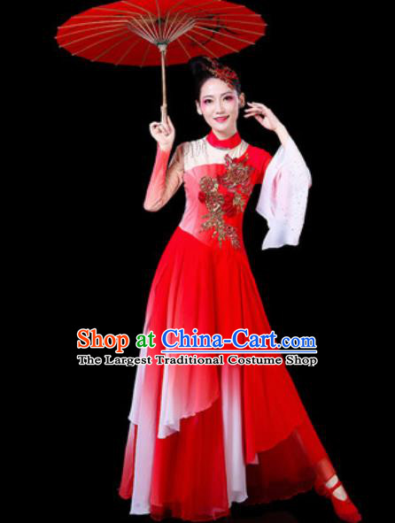 Chinese Traditional Classical Dance Costumes Umbrella Dance Group Dance Red Dress for Women