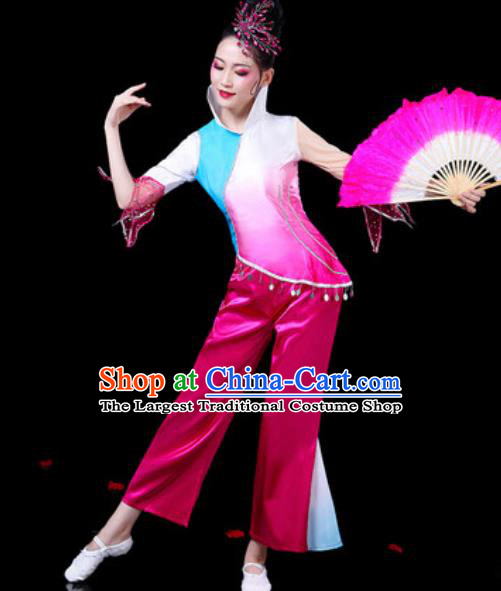 Chinese Traditional Folk Dance Costumes Fan Dance Yangko Group Dance Rosy Clothing for Women