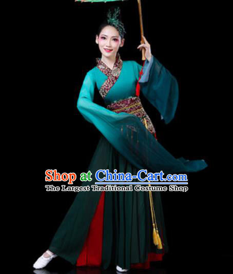 Chinese Classical Dance Costumes Traditional Umbrella Dance Group Dance Atrovirens Dress for Women