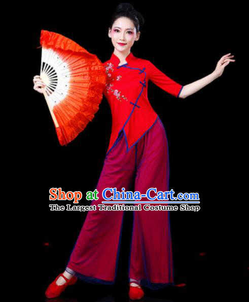 Chinese Traditional Folk Dance Costumes Fan Dance Yangko Group Dance Red Clothing for Women