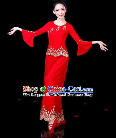 Chinese Traditional Folk Dance Costumes Fan Dance Yangko Group Dance Red Clothing for Women