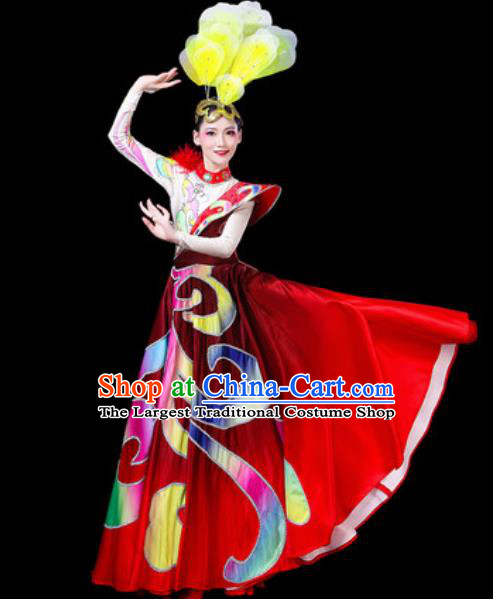 Top Grade Stage Show Chorus Costumes Group Dance Modern Dance Big Swing Red Dress for Women