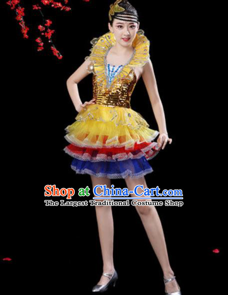 Top Grade Stage Show Costumes Modern Dance Chorus Golden Bubble Short Dress for Women