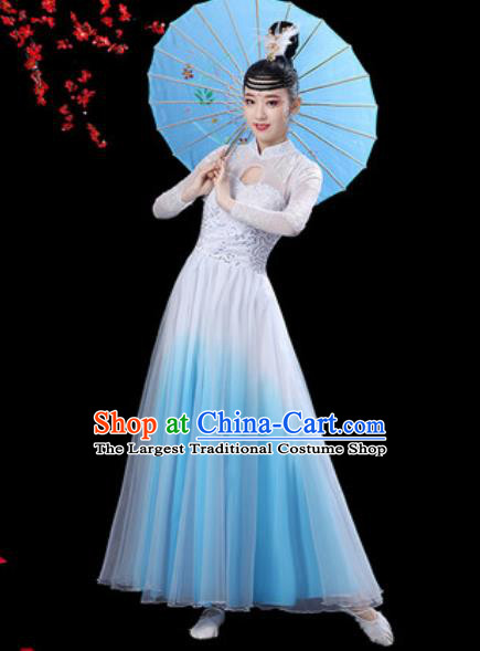 Chinese Classical Dance Chorus Blue Dress Traditional Umbrella Dance Fan Dance Costumes for Women