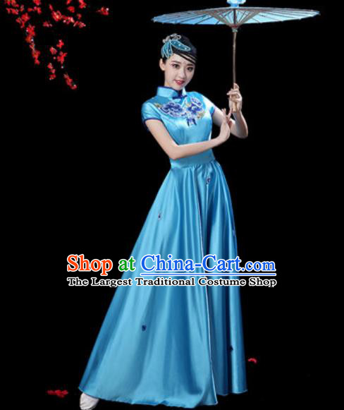 Chinese Classical Dance Chorus Blue Silk Embroidered Dress Traditional Umbrella Dance Fan Dance Costumes for Women