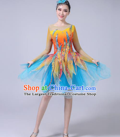 Top Grade Modern Dance Stage Show Costumes Chorus Group Dance Blue Veil Dress for Women