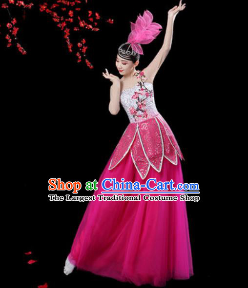 Chinese Classical Dance Rosy Veil Dress Traditional Chorus Group Dance Umbrella Dance Costumes for Women