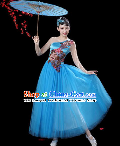 Top Grade Chorus Stage Show Group Dance Costumes Modern Dance Blue Veil Dress for Women